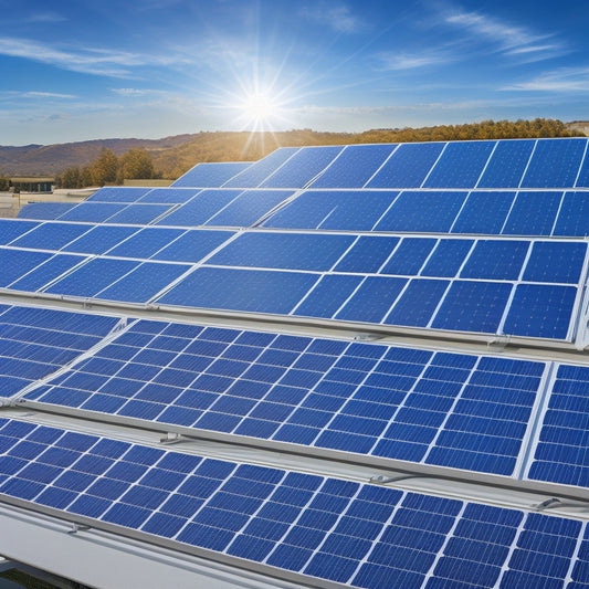 An illustration showcasing various solar panels, including monocrystalline, polycrystalline, and thin-film, arranged on a rooftop with a sunny blue sky, surrounded by subtle electrical wiring and mounting systems.
