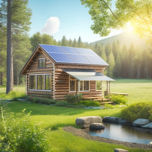 A serene off-grid landscape featuring solar panels on a rustic cabin roof, surrounded by lush greenery and a clear blue sky, with a financial calculator and coins subtly integrated into the foreground.