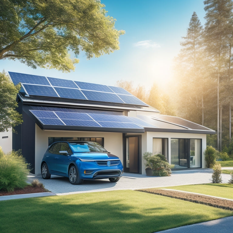 A modern home with sleek solar panels on the roof, surrounded by lush greenery, a bright sun shining in a clear blue sky, and an electric car charging in the driveway, symbolizing energy independence.