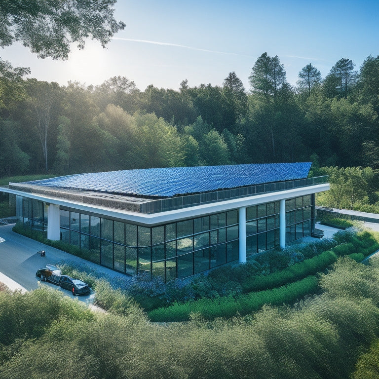 A sleek, modern office building adorned with solar panels on the roof, surrounded by lush greenery and blue skies, showcasing employees collaborating outdoors, with electric vehicles parked nearby, symbolizing sustainability and innovation.