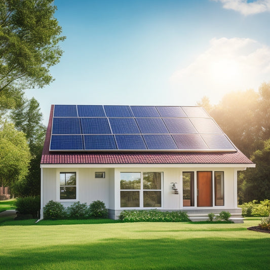 A serene suburban home with a sleek, modern solar panel array on the roof, surrounded by lush greenery and a bright blue sky with a few puffy white clouds.