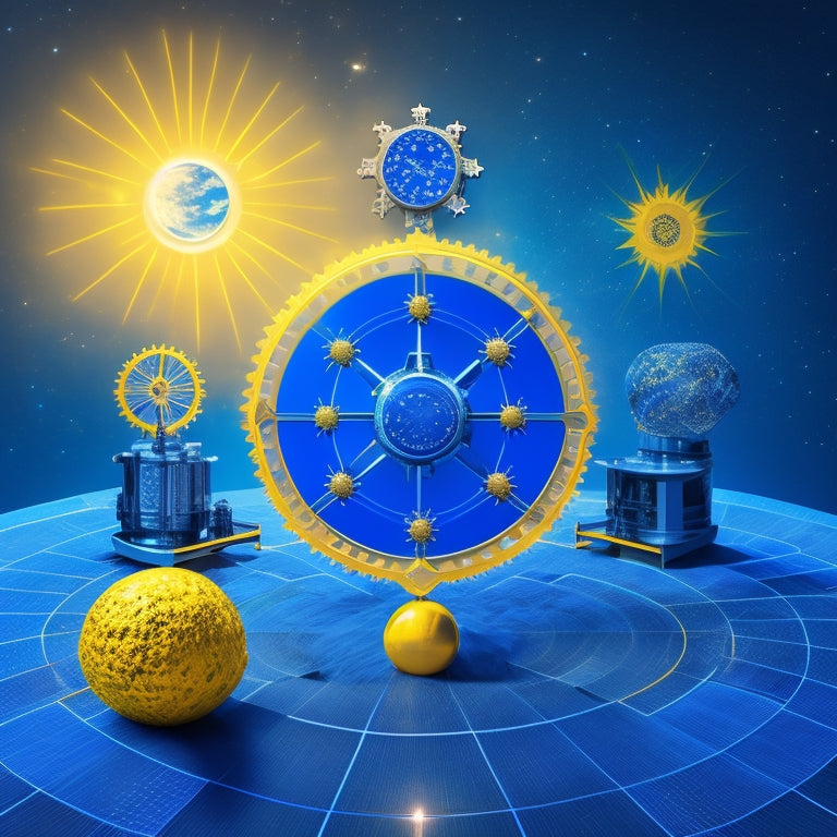 A stylized illustration of a solar panel system with moving parts, featuring a bright yellow sun at the center, surrounded by rotating gears, cogs, and interconnected nodes, set against a dark blue background with subtle starry night sky patterns.