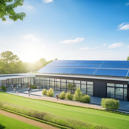 A modern office building with solar panels on the roof, surrounded by lush greenery and wind turbines in the background, sunlight streaming down, and employees engaging in outdoor workspaces, symbolizing sustainable growth.