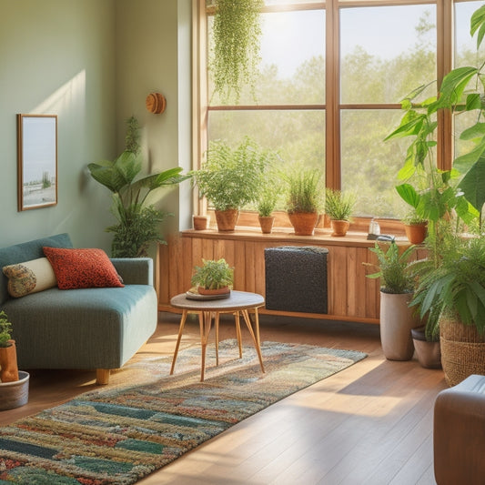 A cozy, sunlit room showcases bamboo flooring, lush indoor plants, energy-efficient windows, and recycled wood furniture, with colorful wall art made from upcycled materials, highlighting a harmonious blend of nature and modern design.