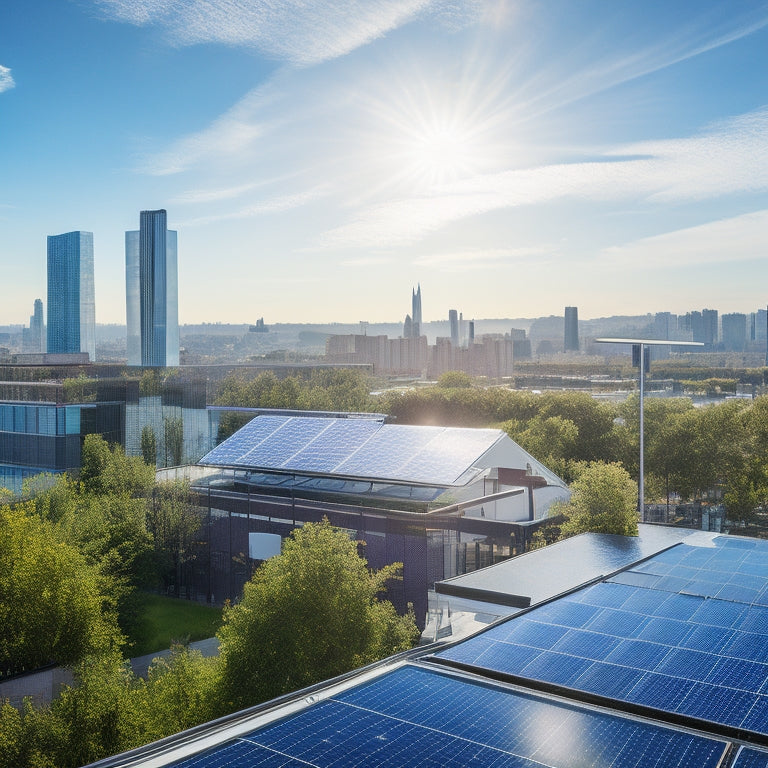 A vibrant office rooftop adorned with solar panels, surrounded by lush greenery, showcasing employees collaborating outdoors under clear blue skies, with a backdrop of a modern city skyline reflecting sustainability and innovation.