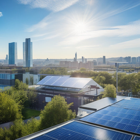 A vibrant office rooftop adorned with solar panels, surrounded by lush greenery, showcasing employees collaborating outdoors under clear blue skies, with a backdrop of a modern city skyline reflecting sustainability and innovation.