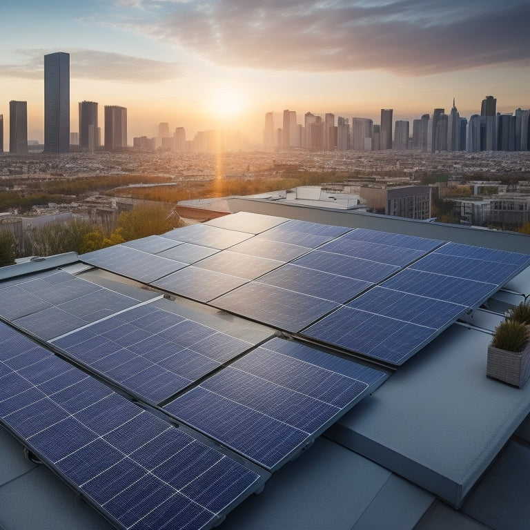 A rooftop with a compact, sleek solar panel array, consisting of 6-8 black photovoltaic modules, angled at 30 degrees, surrounded by sleek, modern roof tiles and a subtle cityscape background.