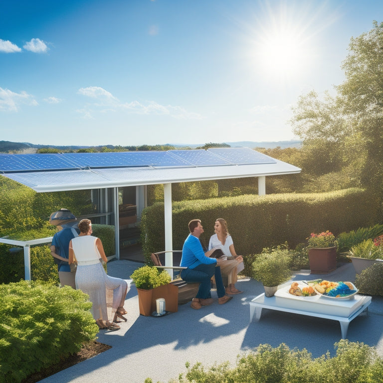 A sunlit rooftop adorned with sleek solar panels, surrounded by a lush garden. Nearby, a family enjoys a picnic, while a digital display shows energy savings, all under a clear blue sky.
