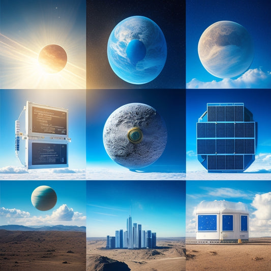 A stylized, futuristic illustration of five distinct solar systems, each with varying panel arrangements and mounting systems, set against a bright blue sky with fluffy white clouds, surrounded by subtle circuit board patterns.