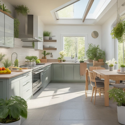 A bright, airy kitchen featuring sleek, stainless steel energy-efficient appliances, solar panels on the roof, vibrant indoor plants, and natural light streaming through large windows, creating a harmonious, sustainable living environment.