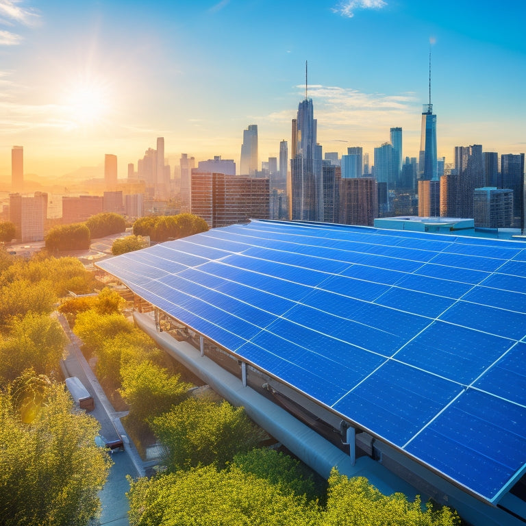 A modern commercial rooftop adorned with sleek solar panels, surrounded by vibrant greenery, with a clear blue sky above and a bustling city skyline in the background, showcasing innovation and sustainability in business energy solutions.