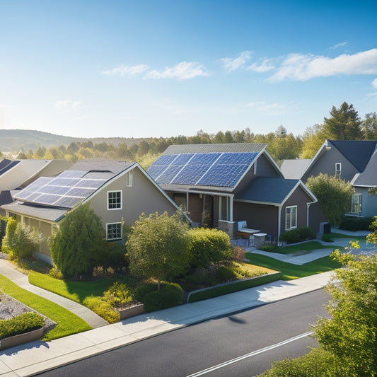 A modern, sunny neighborhood with various houses featuring sleek solar panels on their rooftops, surrounded by lush greenery, and a clear blue sky above.