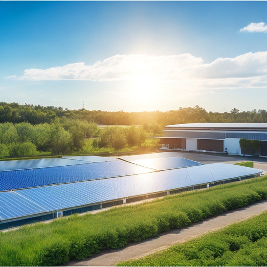 A serene industrial landscape with a large, sleek commercial building in the background, covered in gleaming solar panels, surrounded by lush greenery and a bright blue sky.