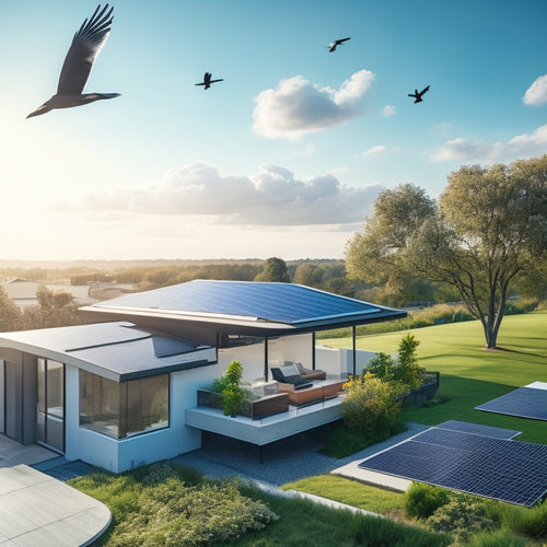 A serene landscape with a modern home in the background, featuring a rooftop covered in sleek, black solar panels, amidst a sunny sky with fluffy white clouds and a few birds flying overhead.