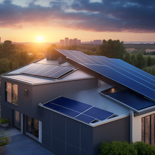 A photorealistic illustration of a modern residential rooftop with sleek, black solar panels angled towards the sun, connected to a sleek, compact inverter unit with blinking LED lights.