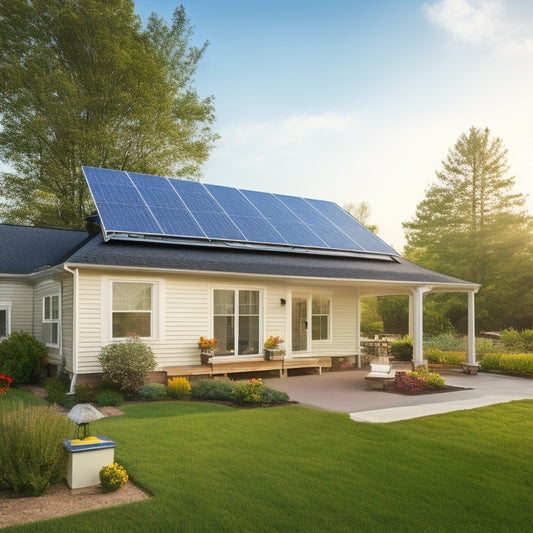 A serene suburban home with a sunny backyard, featuring a newly installed solar panel system on the roof, with a few panels slightly angled and a small inverter box in the corner.