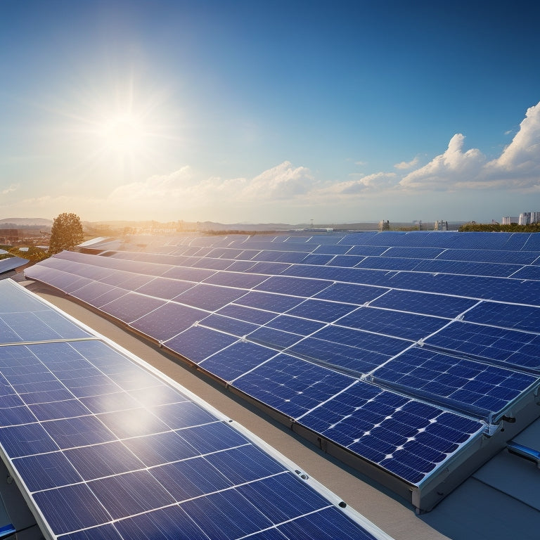 A photorealistic illustration of a rooftop with various solar panels, each with distinct designs, angles, and reflections, against a clear blue sky with a few wispy clouds.