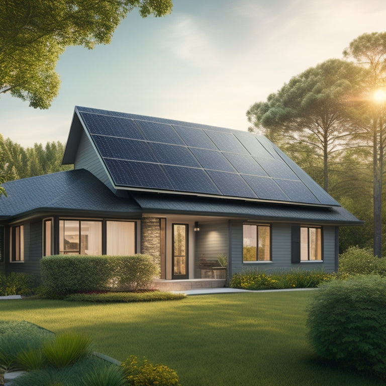 A serene suburban home with a sleek, black solar panel array on the roof, surrounded by lush greenery, with a subtle sunbeam highlighting the system's central inverter.