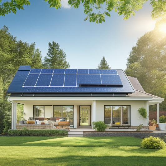 A serene suburban home with a mix of solar panels on the roof, a sleek inverter on the wall, and a few gleaming batteries in the backyard, surrounded by lush greenery and a clear blue sky.