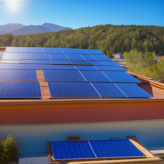A sunny rooftop with a partially installed solar roof, showcasing step-by-step progress: empty roof trusses, then mounted rails, followed by placed solar panels, and finally, connected electrical components.
