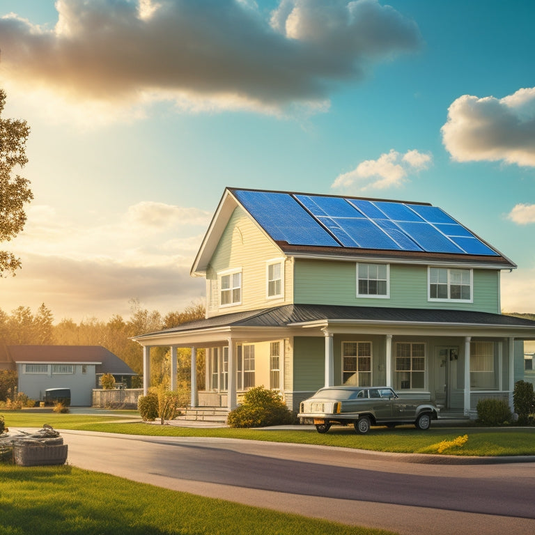 An image of a suburban house with solar panels on the roof, surrounded by dollar signs, a sun, a cloud, and a factory emitting smoke in the background, illustrating environmental and economic factors.