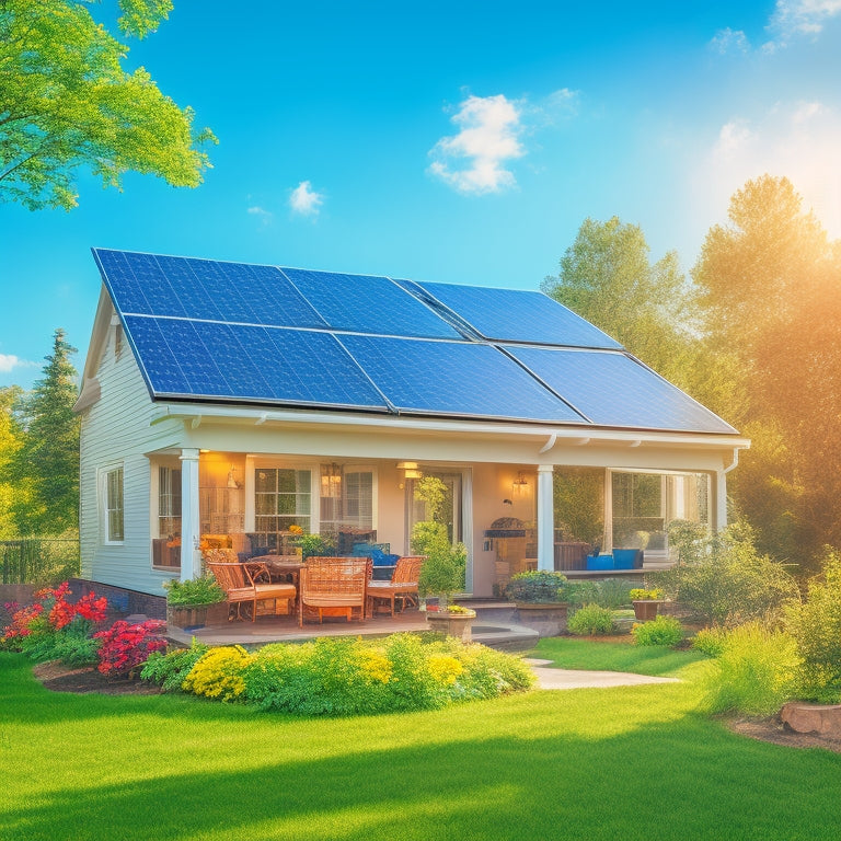 A sunlit suburban home with solar panels on the roof, surrounded by lush greenery, showcasing a family happily gardening, while a bright blue sky with fluffy clouds emphasizes the renewable energy theme.