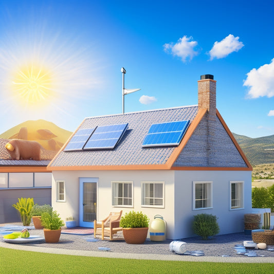 An illustration of a residential rooftop with solar panels, surrounded by icons of coins, piggy banks, and a miniature house, set against a bright blue sky with fluffy white clouds.