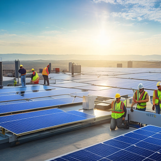 An image depicting a commercial rooftop with a team of workers in yellow vests and hard hats installing solar panels, with a crane lifting a panel in the background.