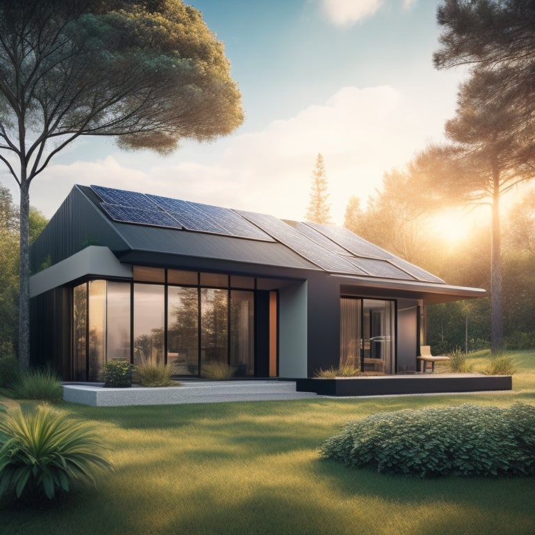 A futuristic, minimalist illustration of a modern home with sleek, black solar panels on the roof, surrounded by lush greenery, with a subtle sun symbol in the background.