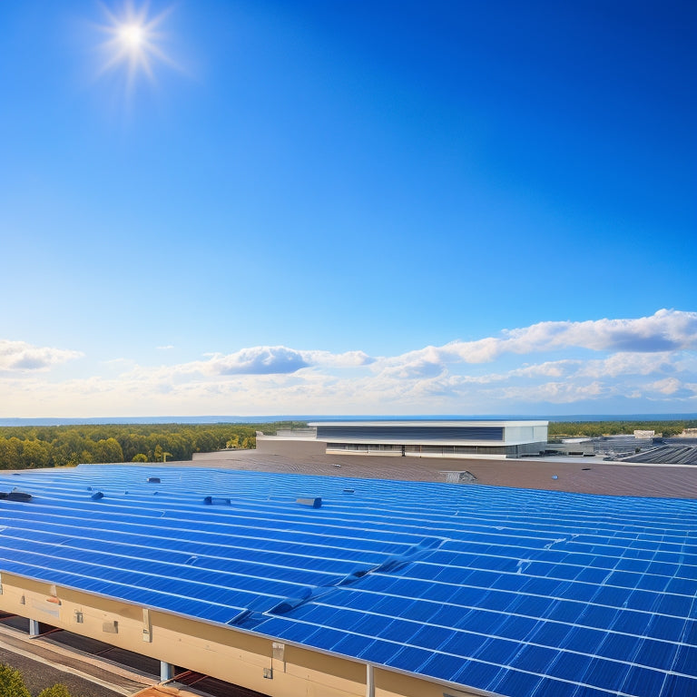 A photorealistic image depicting a large commercial building with a vast, sleek solar panel array installed on its rooftop, surrounded by a bright blue sky and fluffy white clouds.