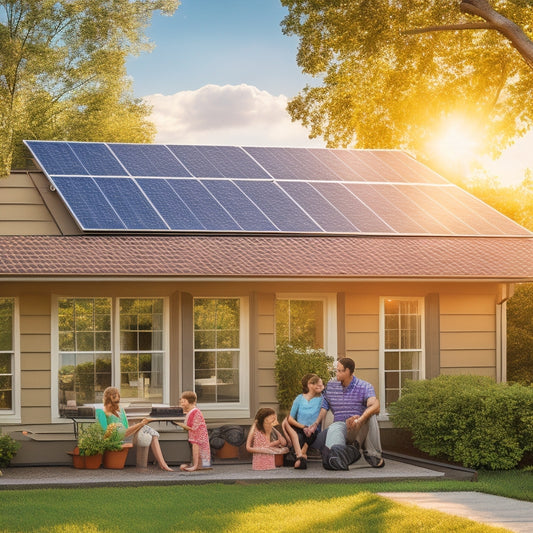 A rooftop solar installation gleaming under a bright sun, surrounded by vibrant green trees. A family joyfully admires the panels, while a glowing calculator and paperwork hint at federal incentives nearby.