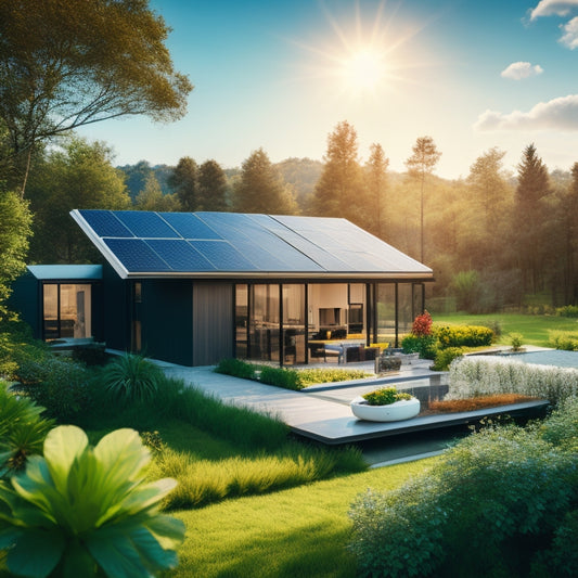 A serene landscape with a modern, eco-friendly home featuring a sleek, black solar panel array on its rooftop, surrounded by lush greenery and a bright blue sky with a few puffy white clouds.