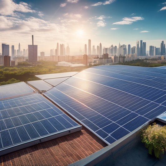 A futuristic rooftop with sleek, black solar panels angled towards a bright blue sky, reflecting a subtle grid pattern, amidst a cityscape with modern skyscrapers and lush greenery.