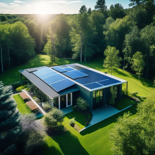 An aerial view of a modern, eco-friendly home with sleek, black solar panels installed on the roof, surrounded by lush green trees and a bright blue sky with a few wispy clouds.