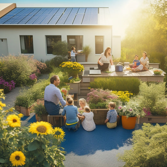 A sunlit rooftop adorned with sleek solar panels, surrounded by lush greenery. Below, a vibrant garden thrives, with bees buzzing around colorful flowers, while a family enjoys a picnic under a bright blue sky.