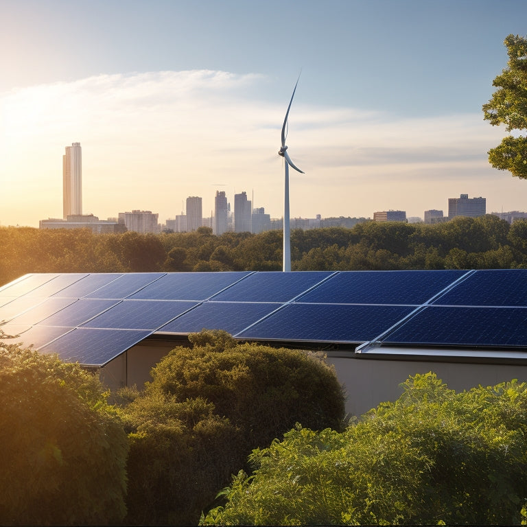 A sleek, modern solar panel installation on a green rooftop, surrounded by lush vegetation and urban buildings. Sunlight glistens off the panels, with wind turbines in the distance, symbolizing sustainable energy innovation.