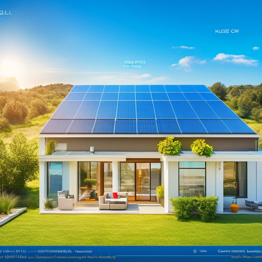 A sunny suburban rooftop adorned with sleek solar panels, surrounded by lush greenery and a clear blue sky, showcasing a digital infographic overlay of energy calculations and home energy consumption graphs.