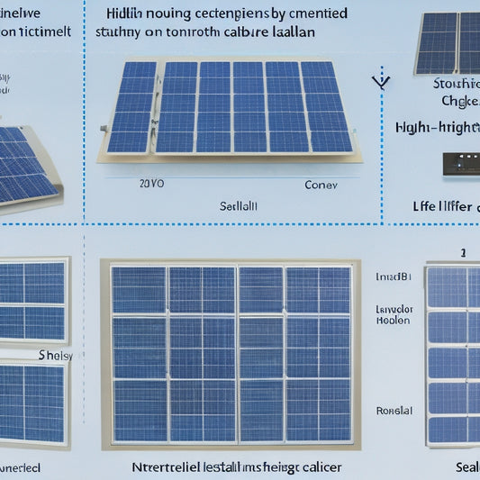 A split-screen image featuring a blueprints-style illustration of a solar panel installation on the left, and a breakdown of cost components (modules, inverters, mounting, labor, etc.) represented by interconnected gears and puzzle pieces on the right.