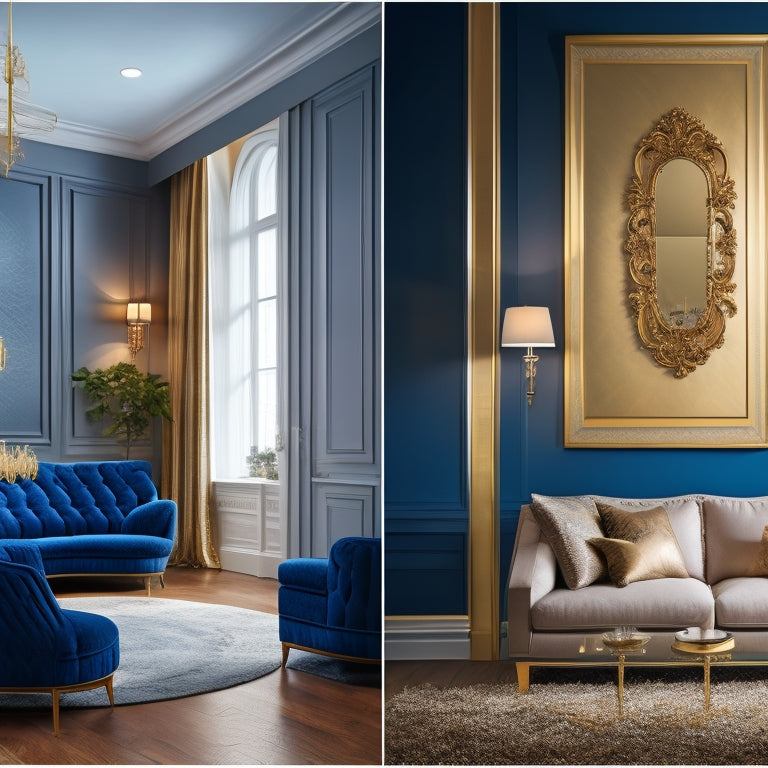 A split-screen image featuring a luxurious living room with high-end decorative wall panels on one side, and a budget-friendly option with simpler designs on the other, both with price tags and measuring tapes.