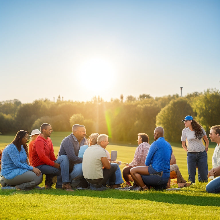 A vibrant community meeting outdoors, people of diverse backgrounds discussing solar panels on rooftops, with green trees and blue skies. In the background, solar farms and happy families enjoying sunlight, symbolizing renewable energy benefits.