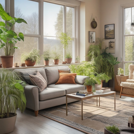 A cozy, sunlit living room featuring large windows with energy-efficient shades, potted plants, solar panels on the roof, a smart thermostat, and a stylish compost bin, all surrounded by soft, natural colors and textures.