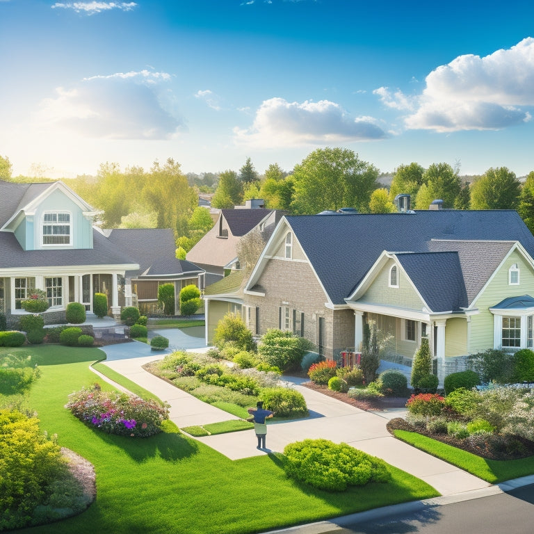 A serene suburban neighborhood with solar panels gleaming on rooftops, vibrant gardens, and children playing. Sunlight bathes the scene, highlighting eco-friendly homes and a clear blue sky dotted with fluffy clouds.