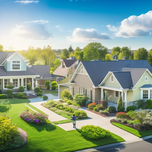 A serene suburban neighborhood with solar panels gleaming on rooftops, vibrant gardens, and children playing. Sunlight bathes the scene, highlighting eco-friendly homes and a clear blue sky dotted with fluffy clouds.