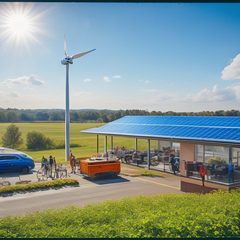 A vibrant scene depicting a local business with solar panels on the roof, surrounded by lush greenery, wind turbines in the background, and employees engaging in eco-friendly practices like recycling and using electric vehicles.