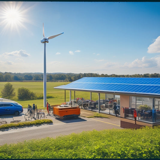 A vibrant scene depicting a local business with solar panels on the roof, surrounded by lush greenery, wind turbines in the background, and employees engaging in eco-friendly practices like recycling and using electric vehicles.