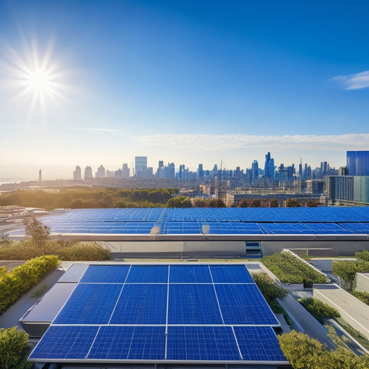 A vibrant rooftop covered in solar panels, surrounded by a modern city skyline, with green plants in the foreground and a clear blue sky above, symbolizing sustainability and business innovation.