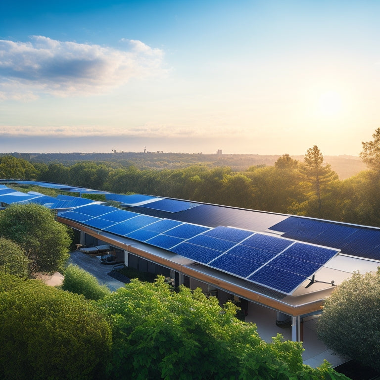 A serene residential rooftop with multiple rows of sleek, black solar panels, angled towards a bright blue sky with a few wispy clouds, surrounded by lush green trees and a subtle cityscape.