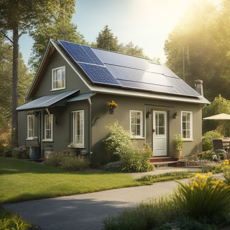 A cozy small home with solar panels on the roof, a bright sunny day, tools and equipment for installation on the ground, an electrician working on the panels, and a lush garden surrounding the house.