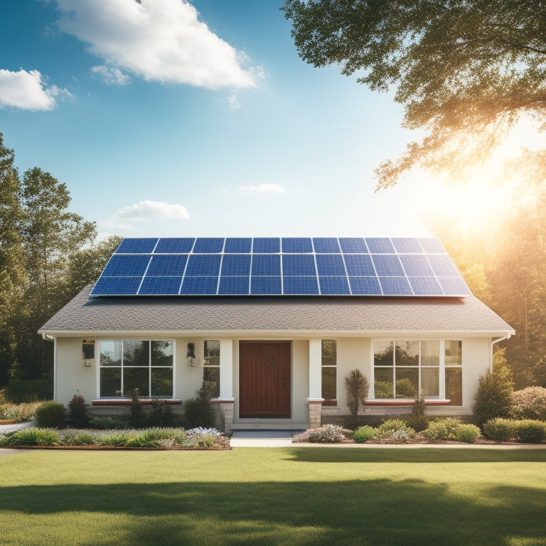 A serene suburban home with solar panels installed on its roof, surrounded by lush greenery and a bright blue sky with a few white, puffy clouds.