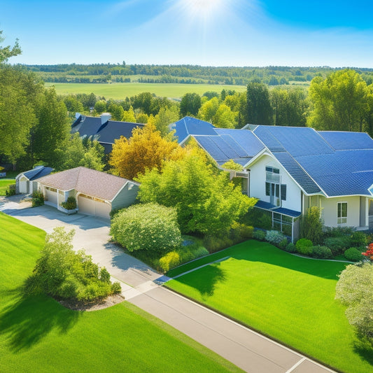 A serene suburban neighborhood with solar panels installed on rooftops, surrounded by lush green trees and a bright blue sky with a few white, puffy clouds, conveying a sense of eco-friendliness and sustainability.